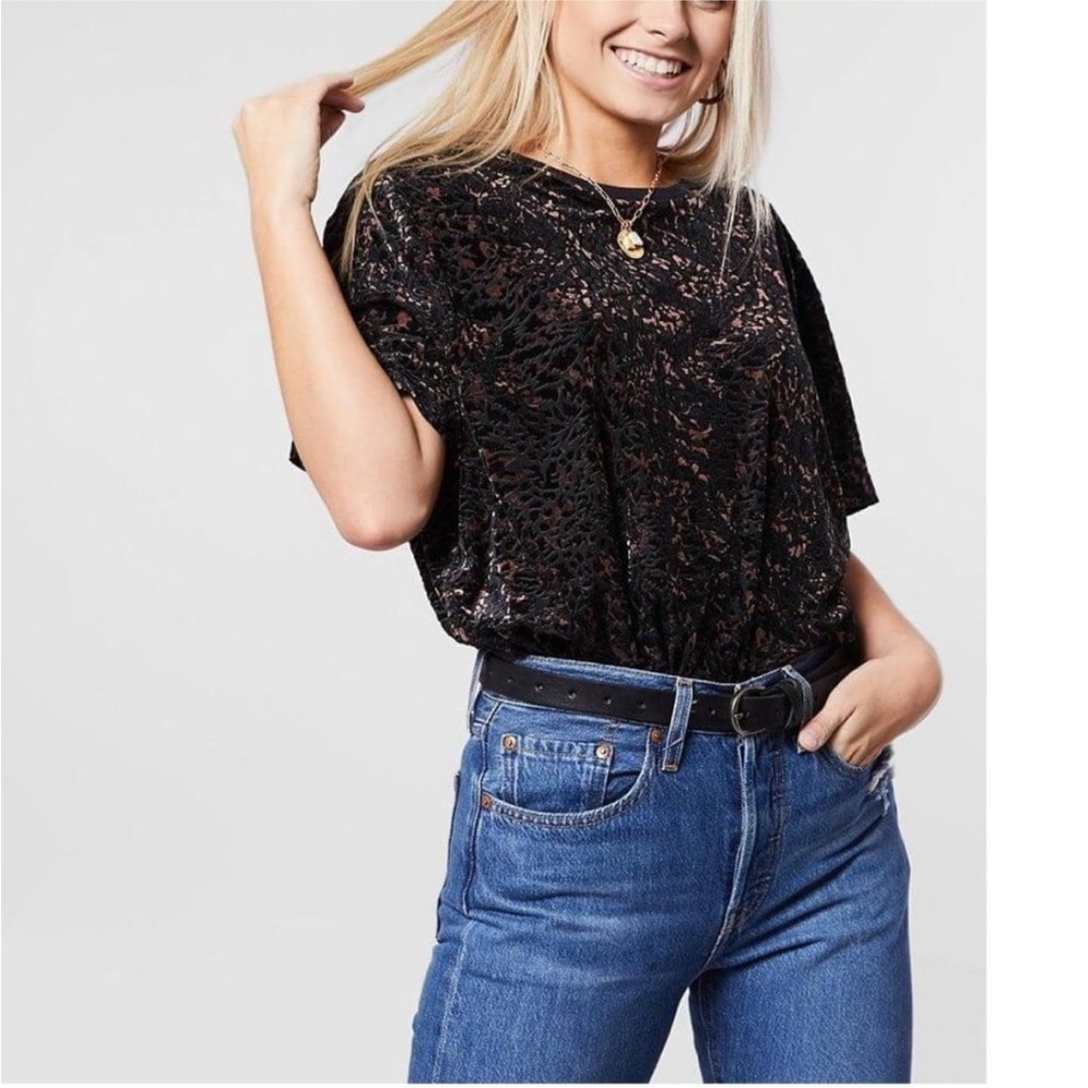 We The Free People Teddy Burnout Top Tee Relaxed Fit Medium Cheetah Animal Print